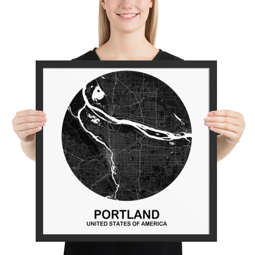 Portland Circular Black Framed Map