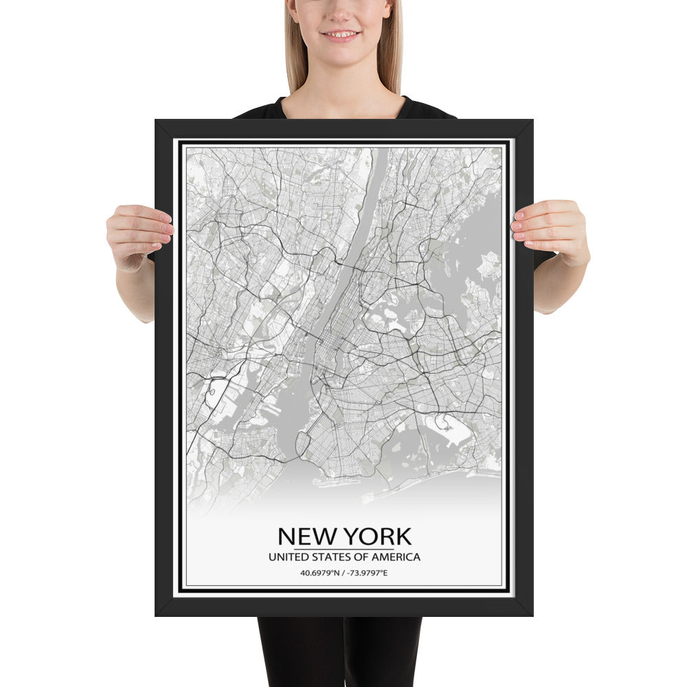 New York White Framed Map