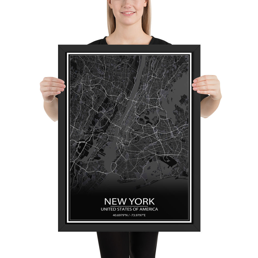 New York Black Framed Map