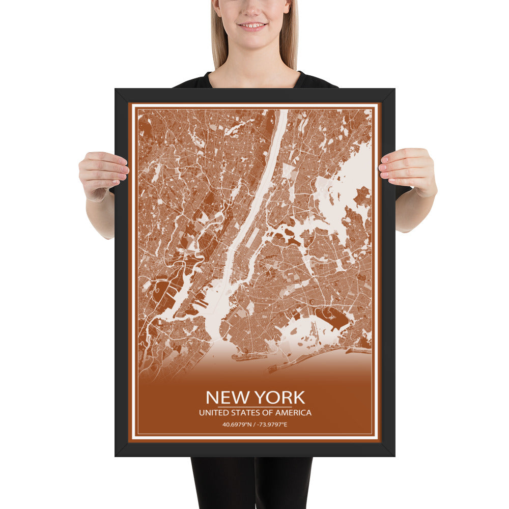 New York Brown and White Framed Map