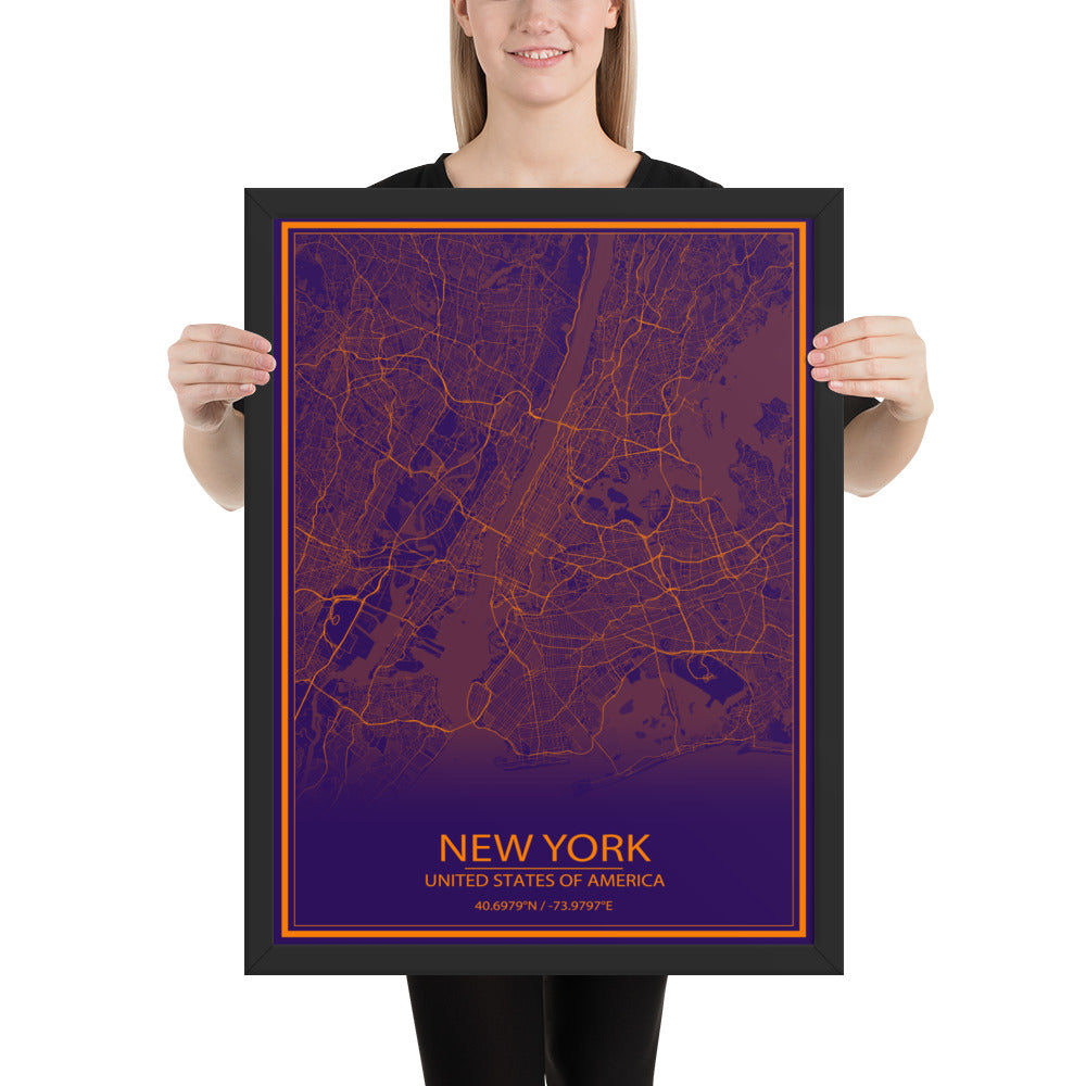 New York Purple and Orange Framed Map