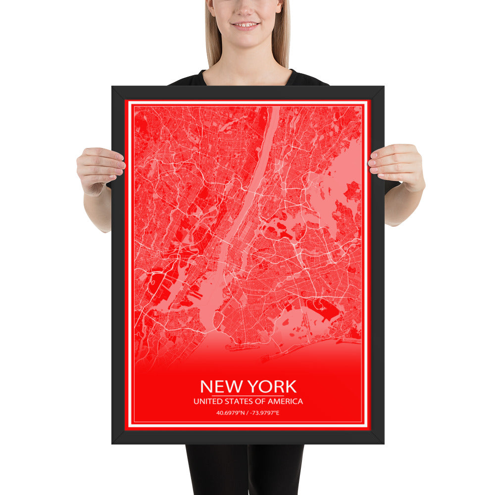 New York Red and White Framed Map