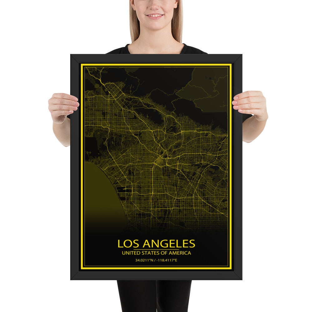 Los Angeles Black and Yellow Framed Map