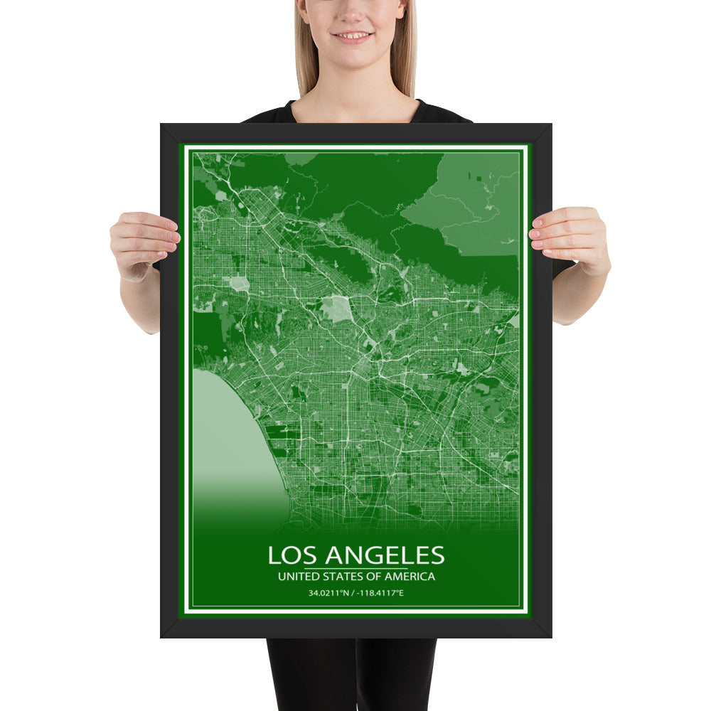 Los Angeles Green and White Framed Map