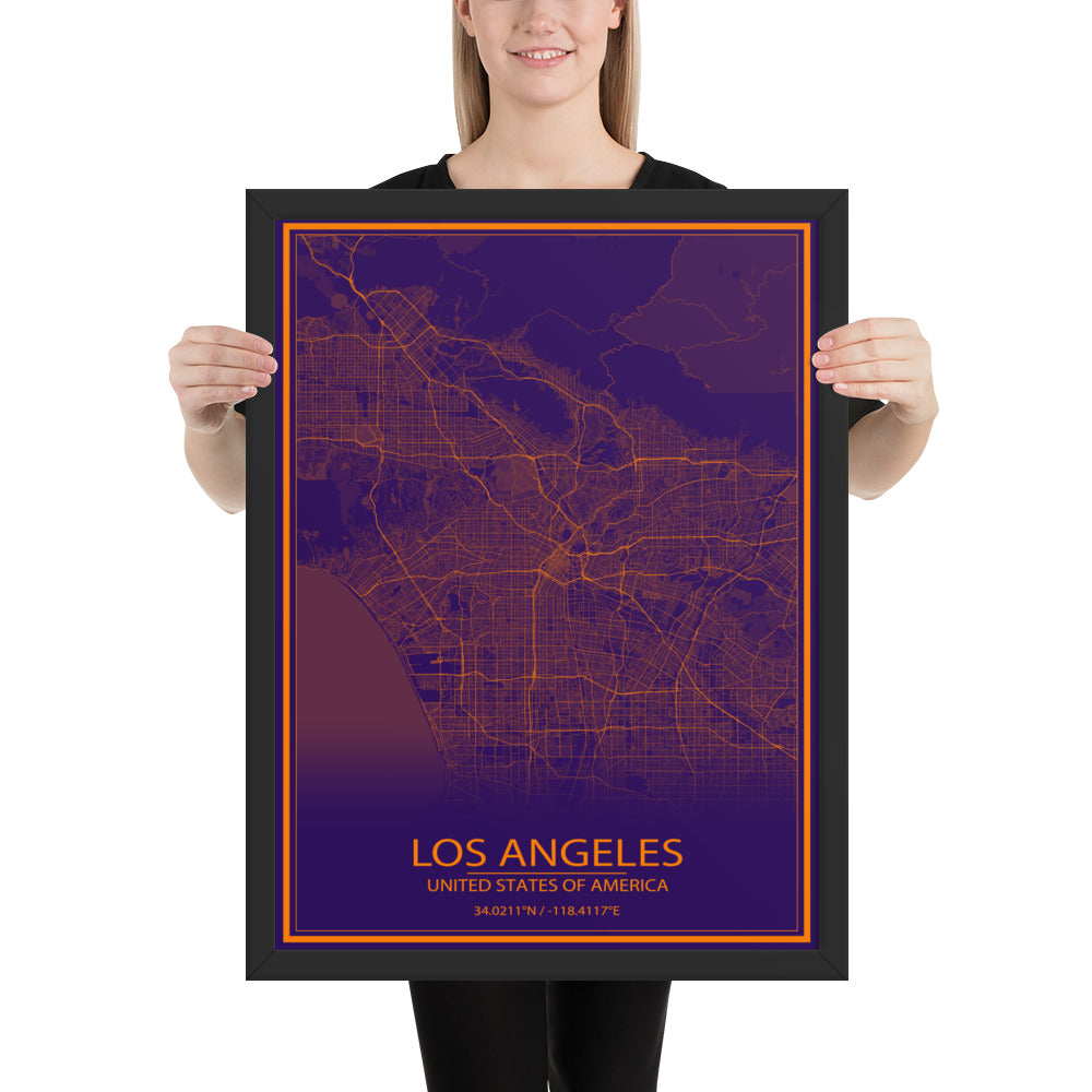 Los Angeles Purple and Orange Framed Map