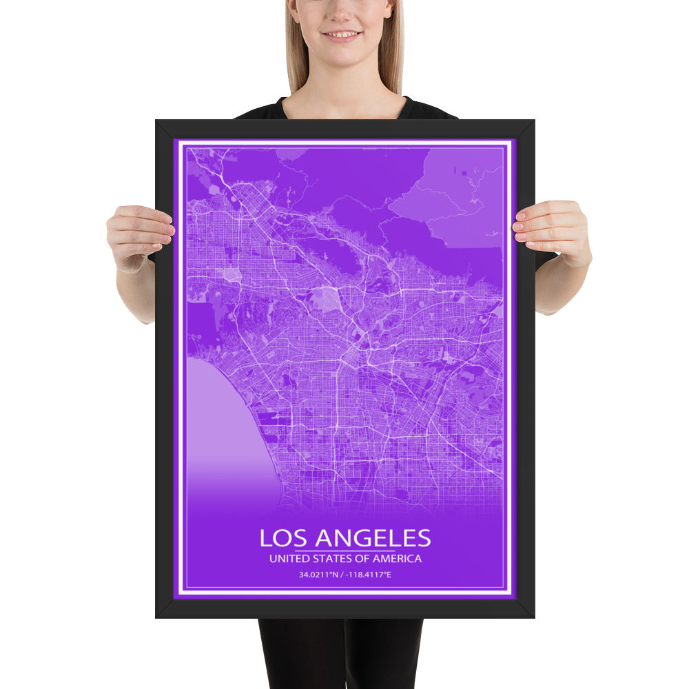 Los Angeles Purple and White Framed Map