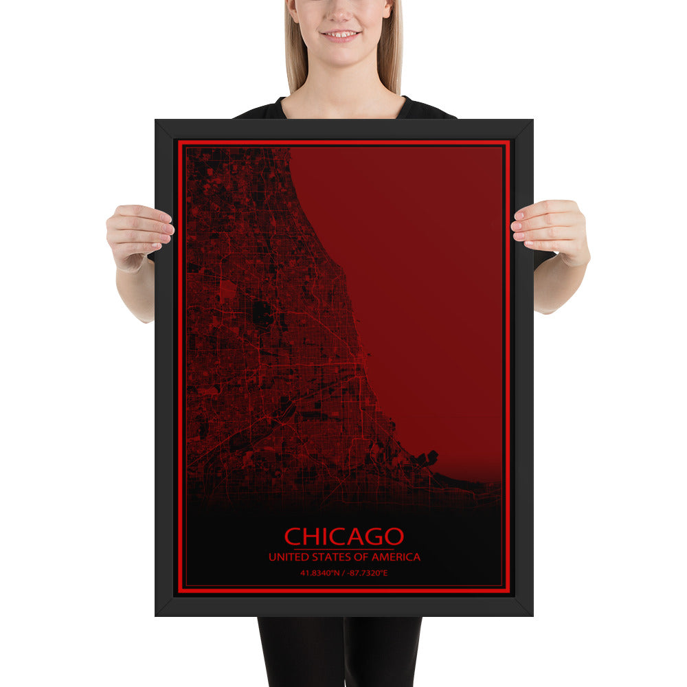 Chicago Black and Red Framed Map