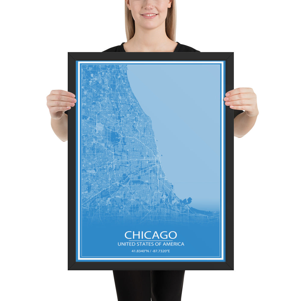 Chicago Blue and White Framed Map