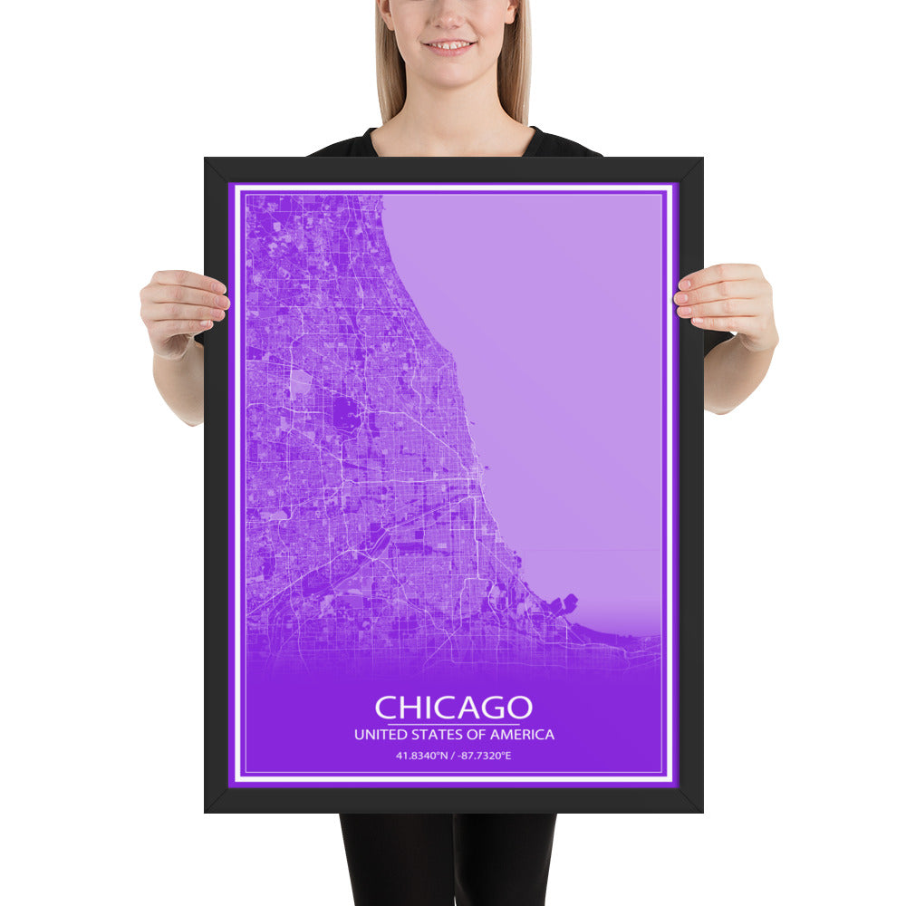 Chicago Purple and White Framed Map