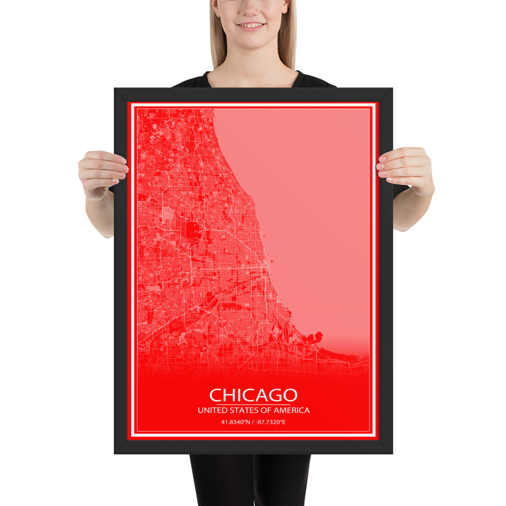 Chicago Red and White Framed Map