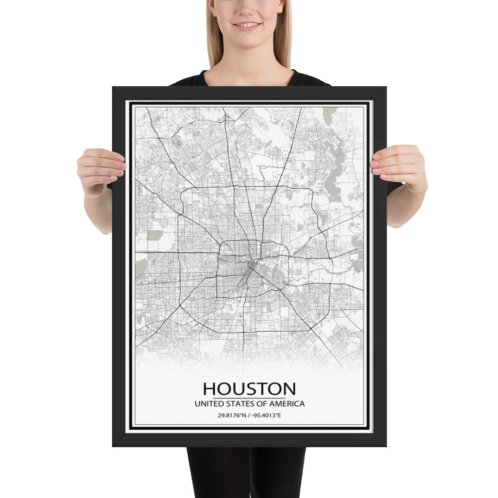 Houston White Framed Map