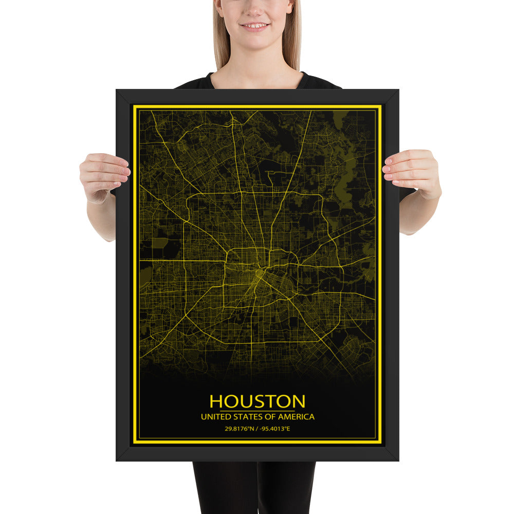 Houston Black and Yellow Framed Map