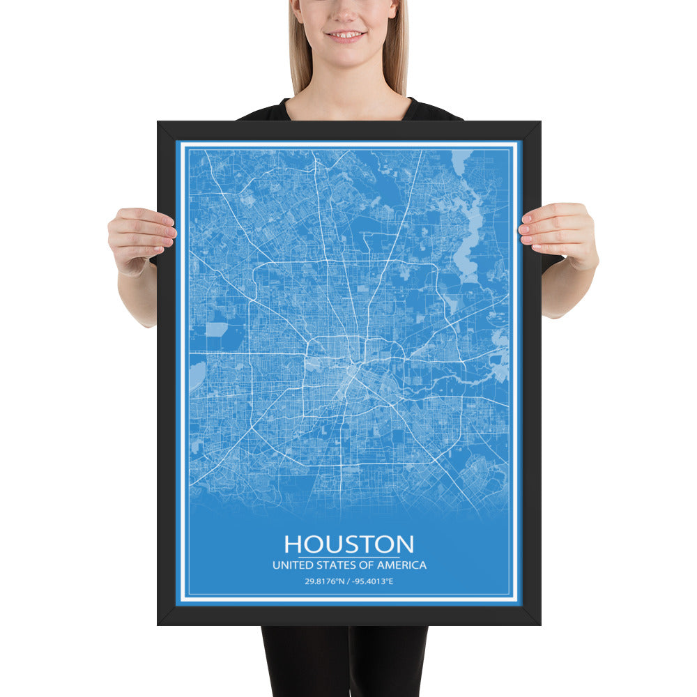 Houston Blue and White Framed Map