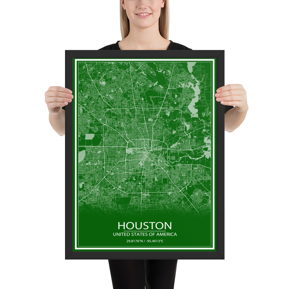 Houston Green and White Framed Map