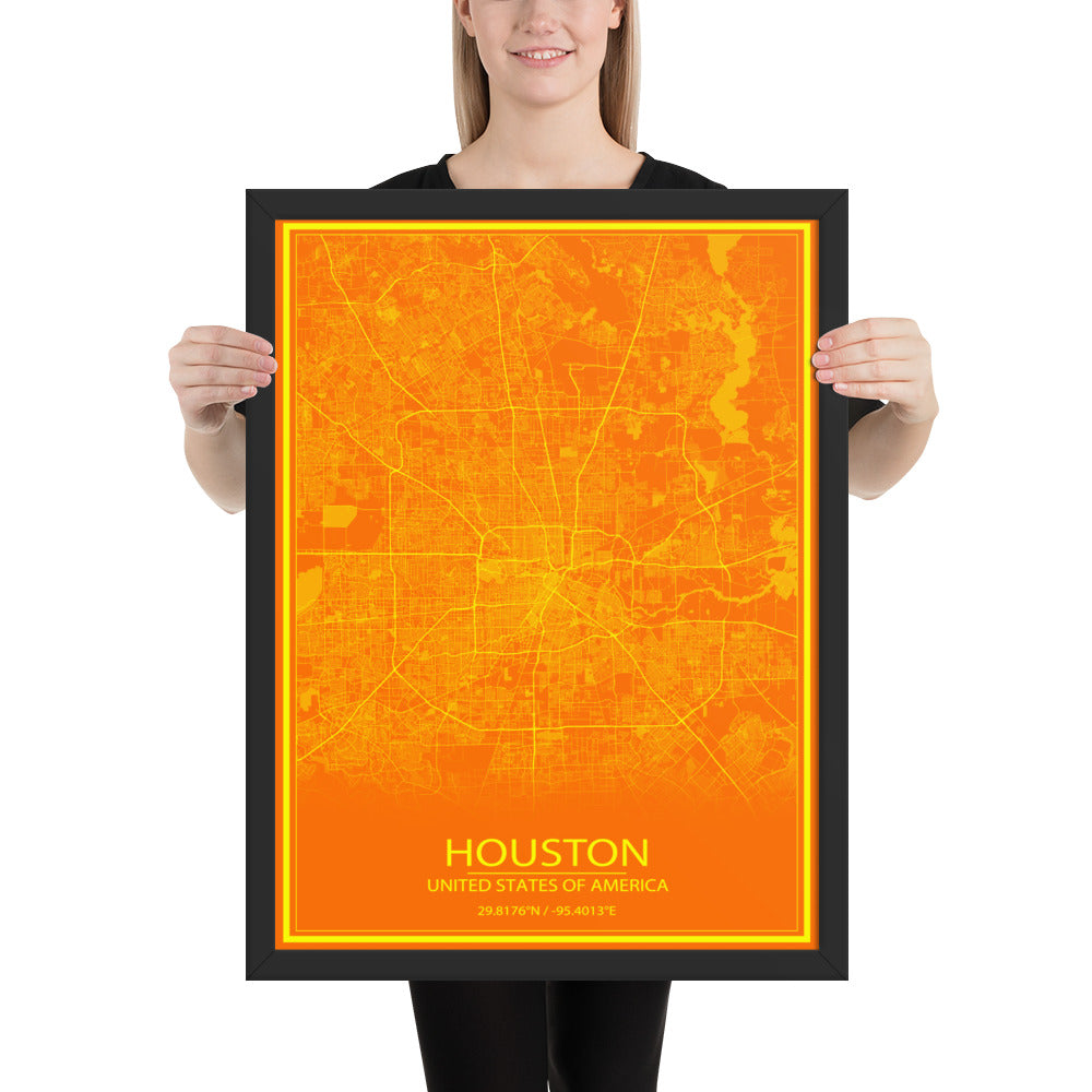 Houston Orange and Yellow Framed Map