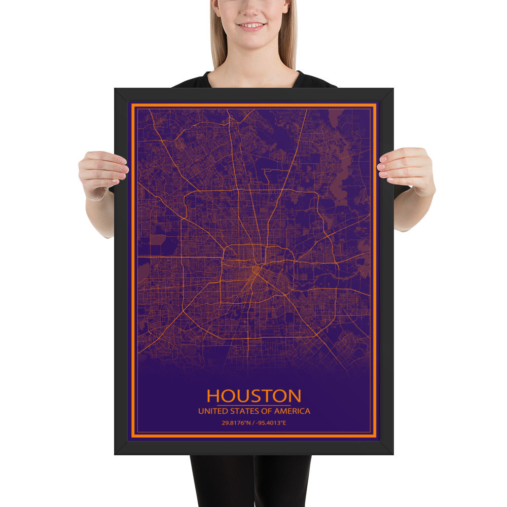 Houston Purple and Orange Framed Map