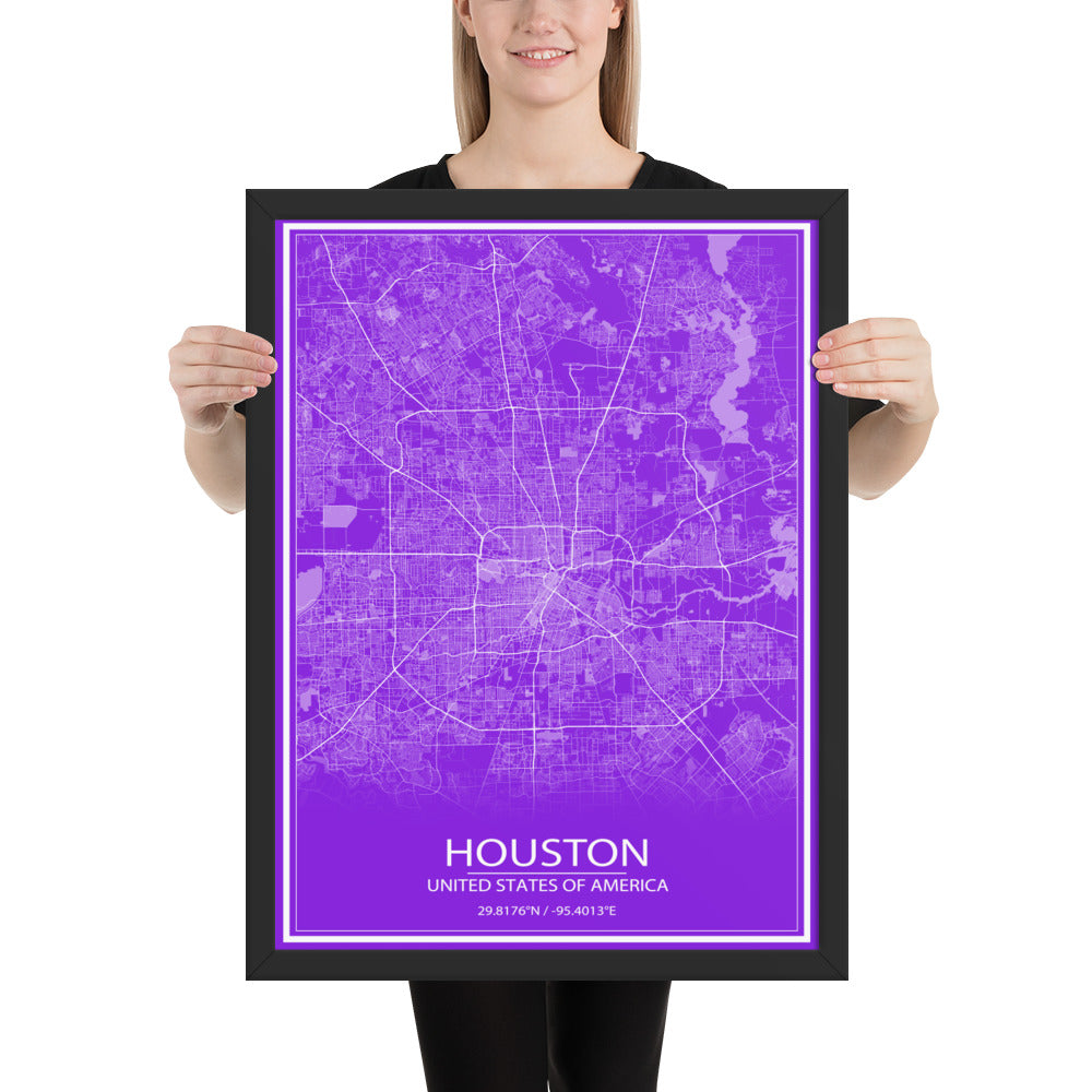 Houston Purple and White Framed Map