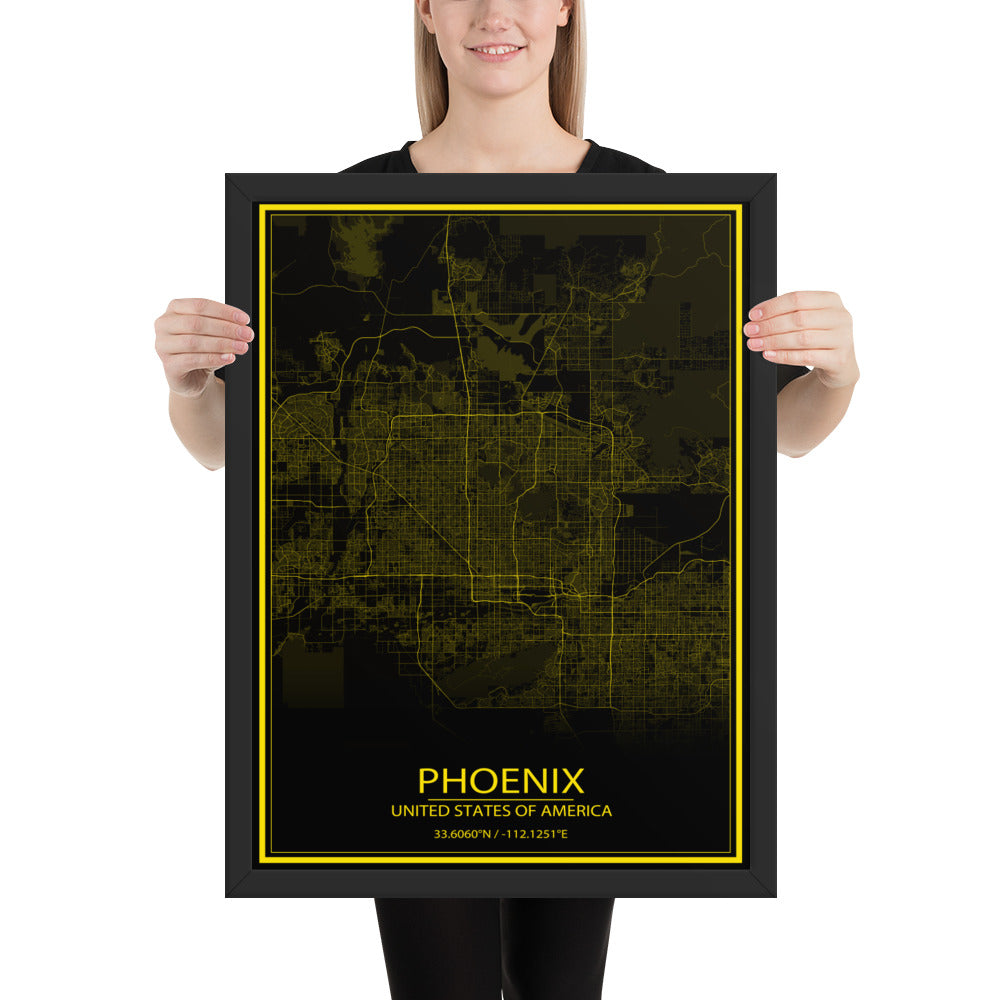 Phoenix Black and Yellow Framed Map