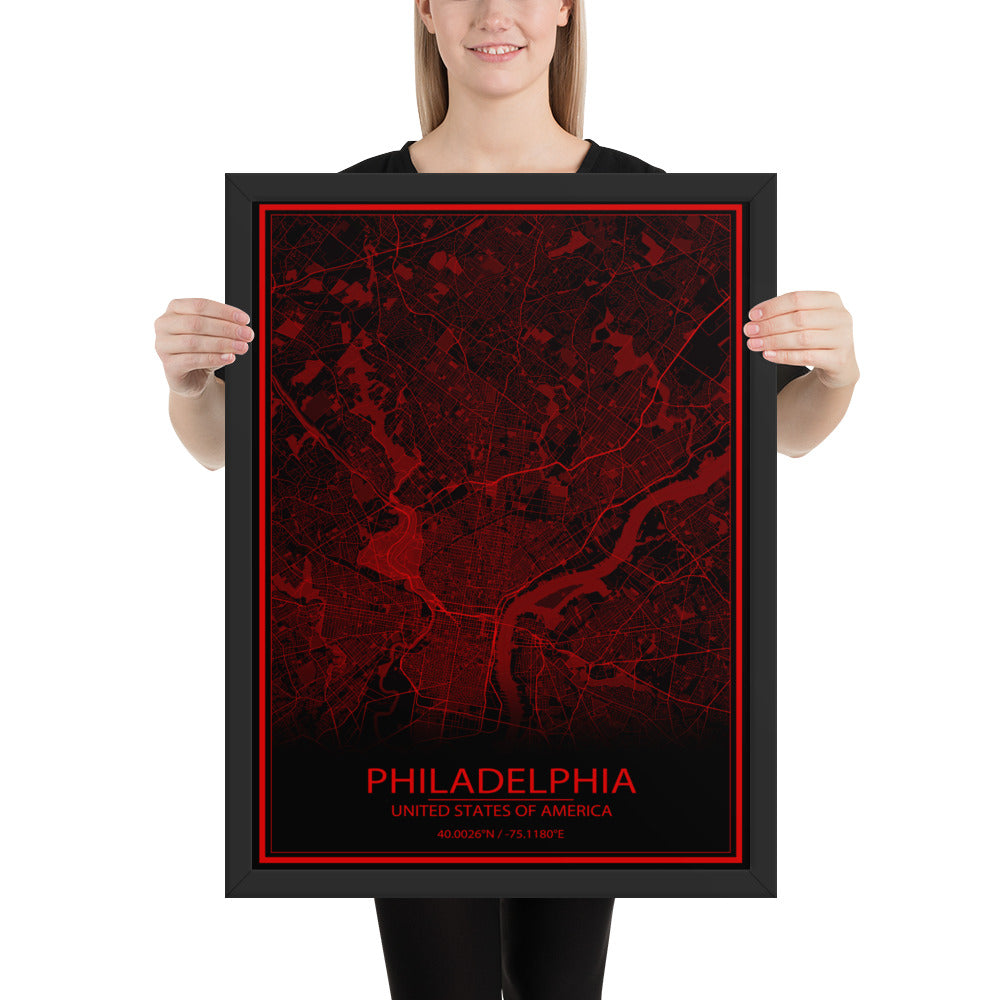 Philadelphia Black and Red Framed Map