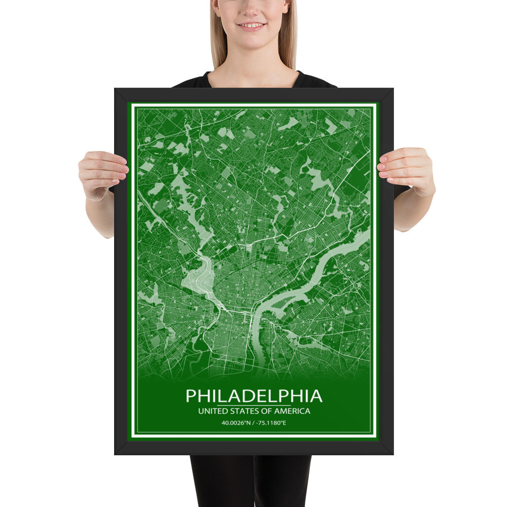 Philadelphia Green and White Framed Map