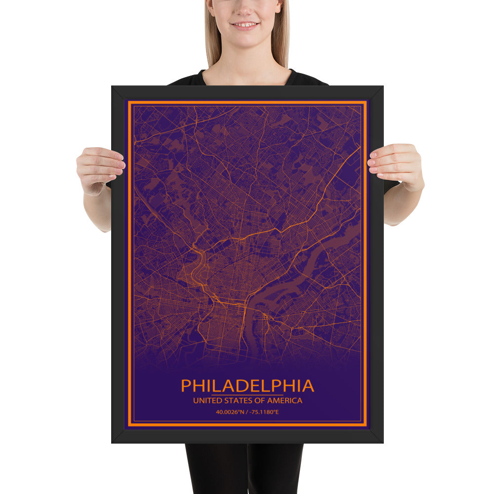 Philadelphia Purple and Orange Framed Map