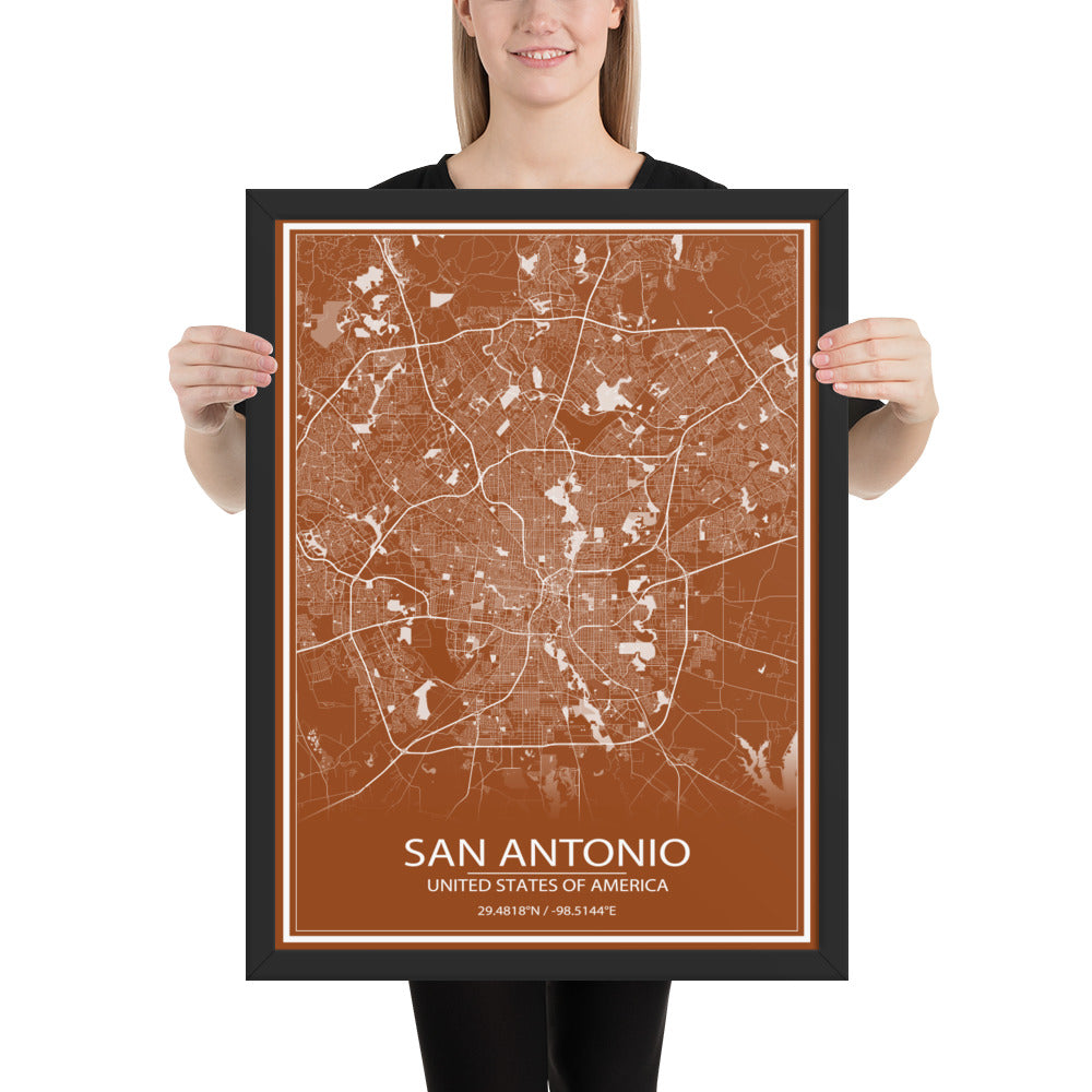 San Antonio Brown and White Framed Map