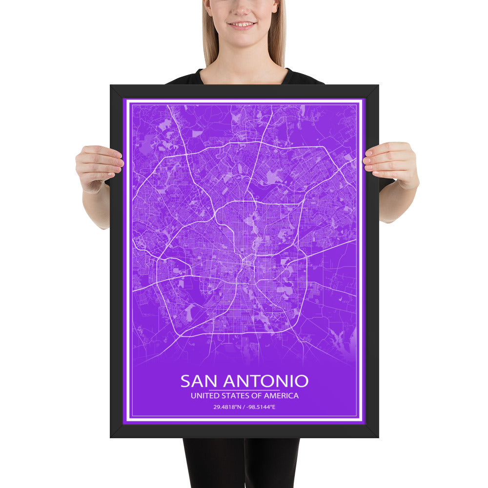 San Antonio Purple and White Framed Map