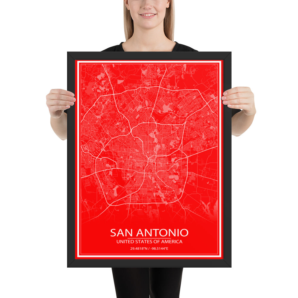 San Antonio Red and White Framed Map