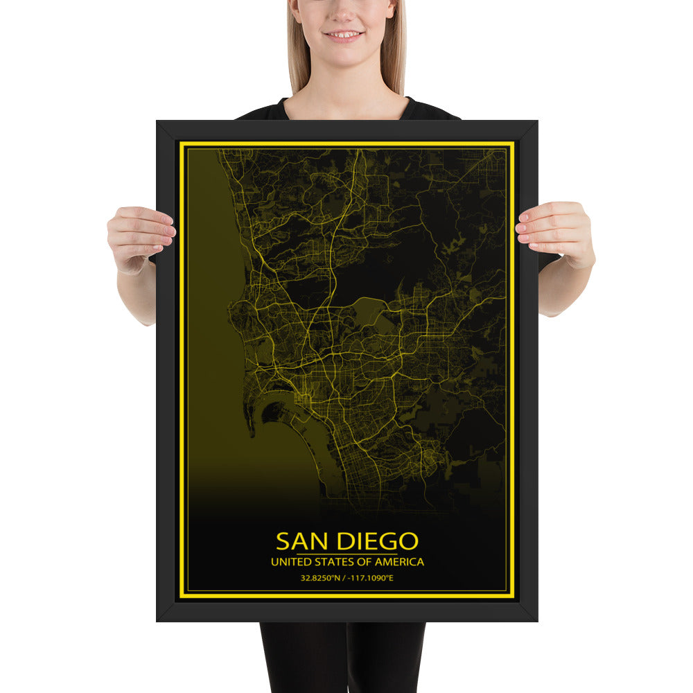 San Diego Black and Yellow Framed Map