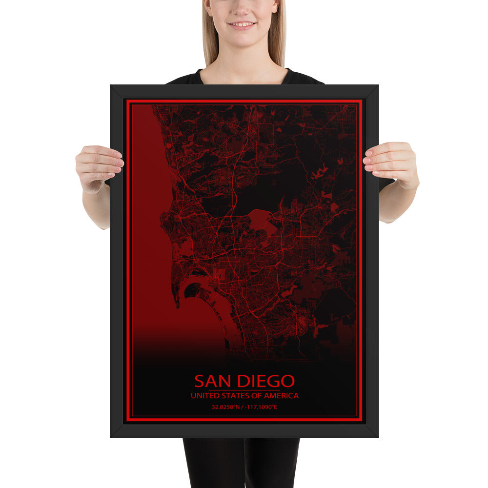 San Diego Black and Red Framed Map