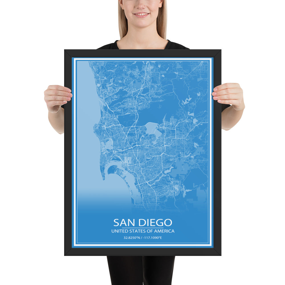 San Diego Blue and White Framed Map