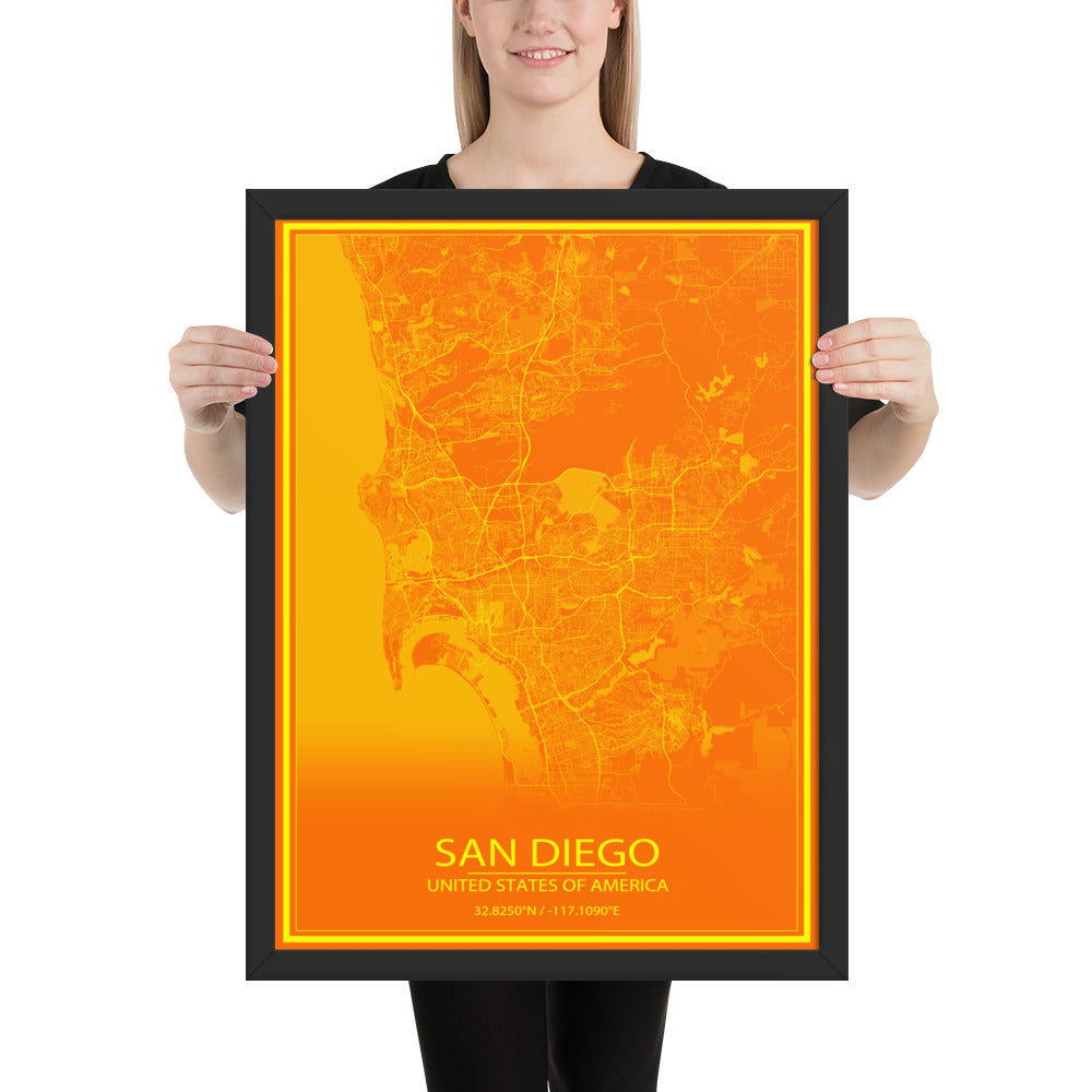 San Diego Orange and Yellow Framed Map