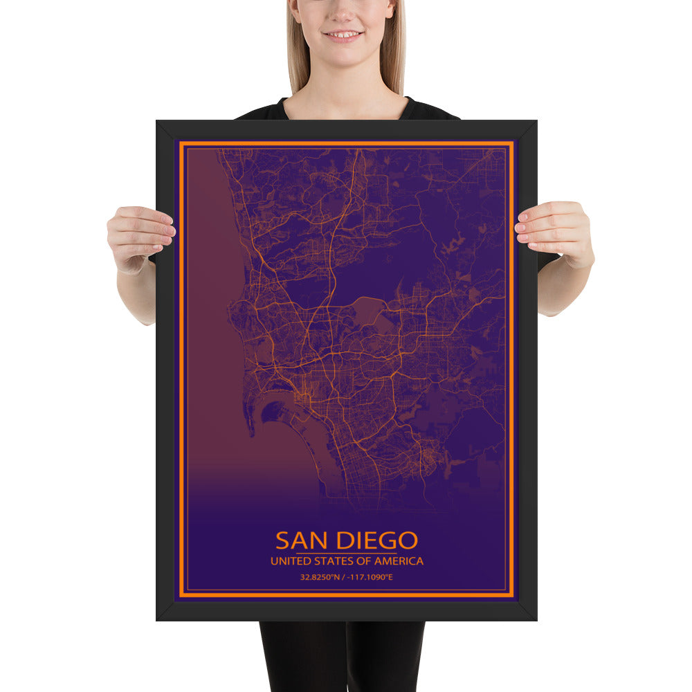 San Diego Purple and Orange Framed Map