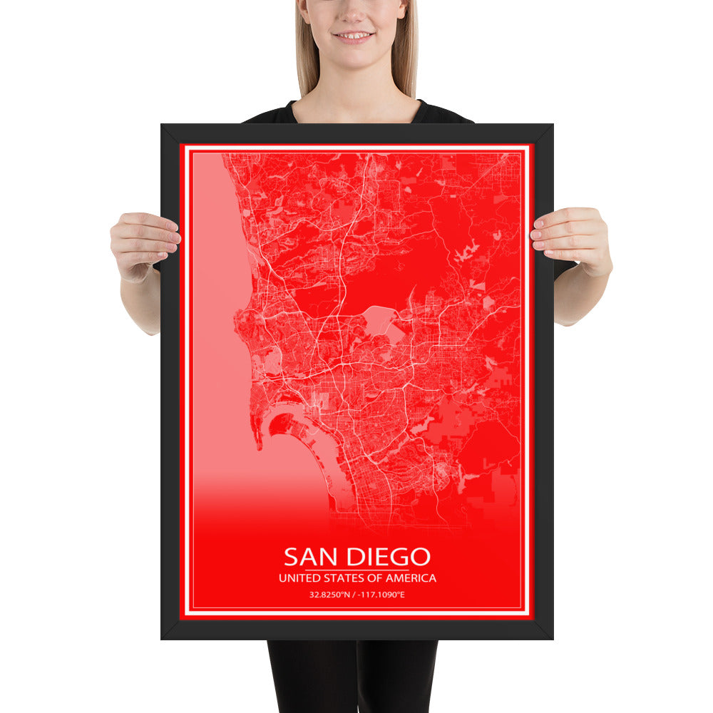 San Diego Red and White Framed Map