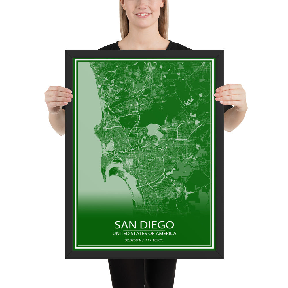 San Diego Green and White Framed Map