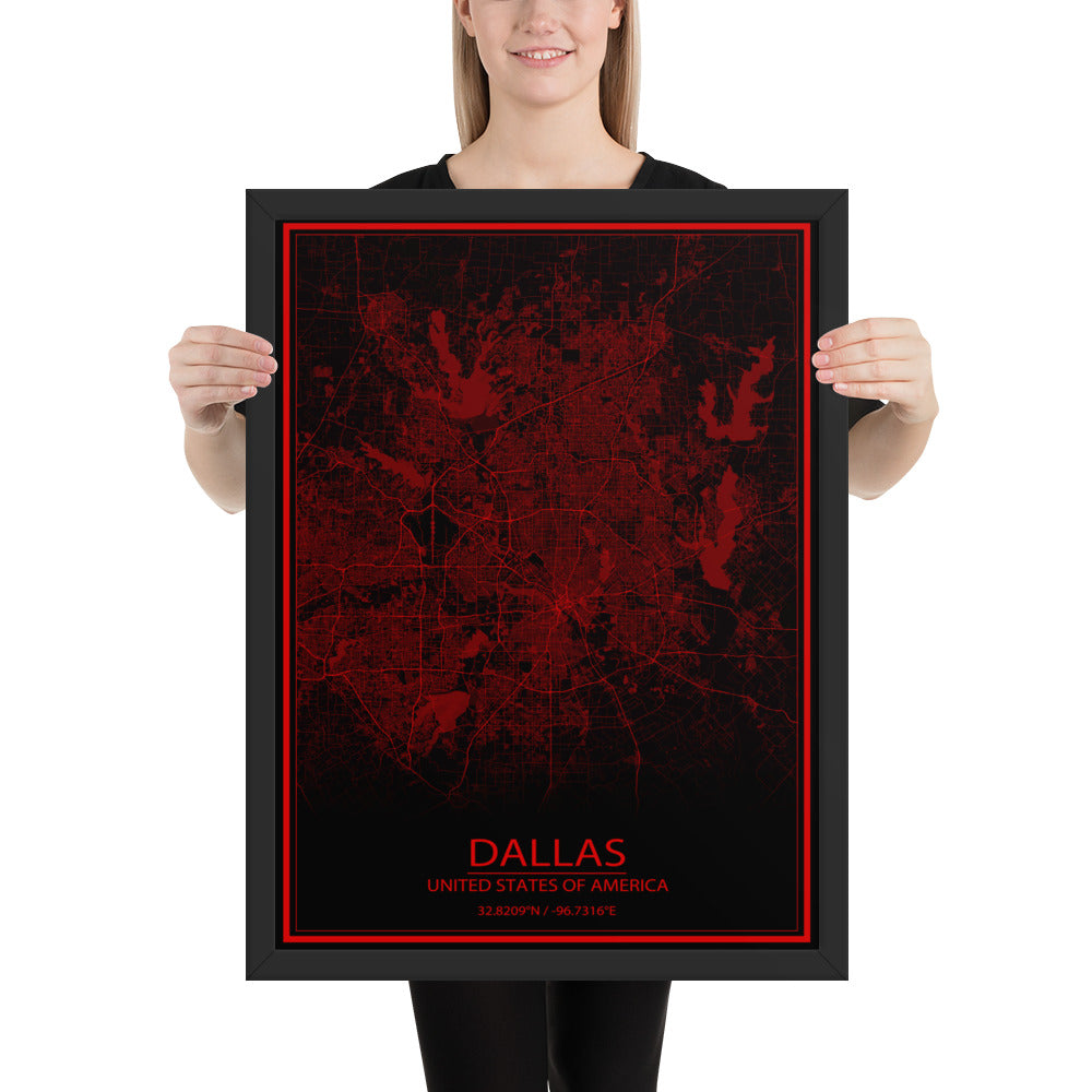 Dallas Black and Red Framed Map