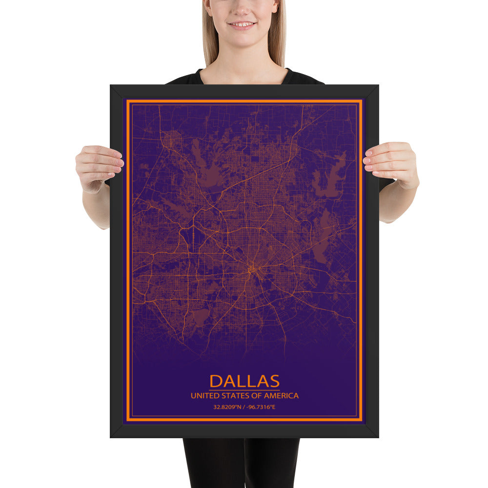 Dallas Purple and Orange Framed Map