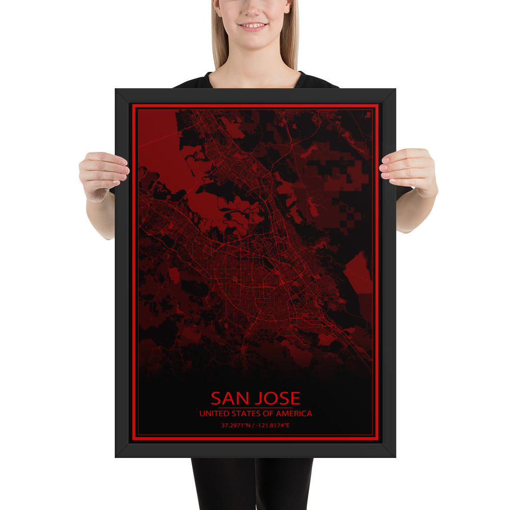 San Jose Black and Red Framed Map