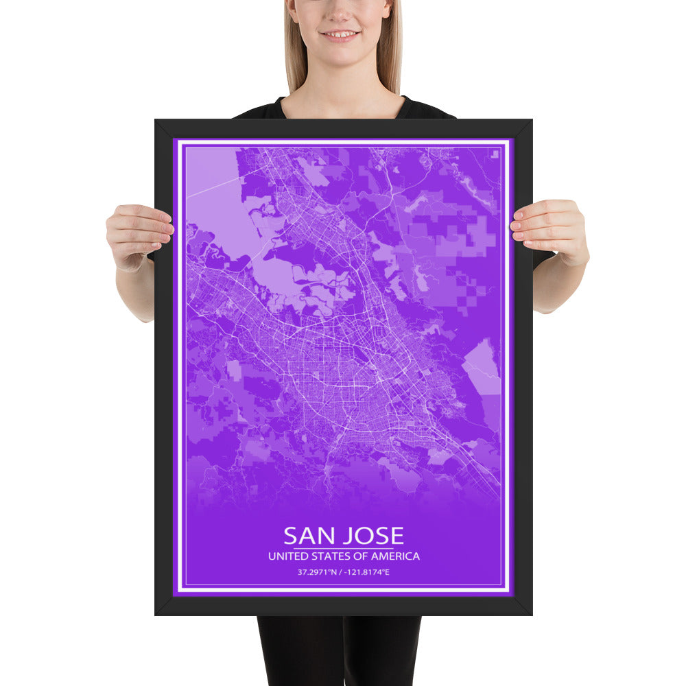 San Jose Purple and White Framed Map