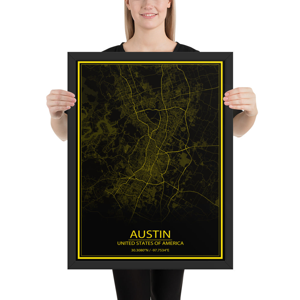 Austin Black and Yellow Framed Map