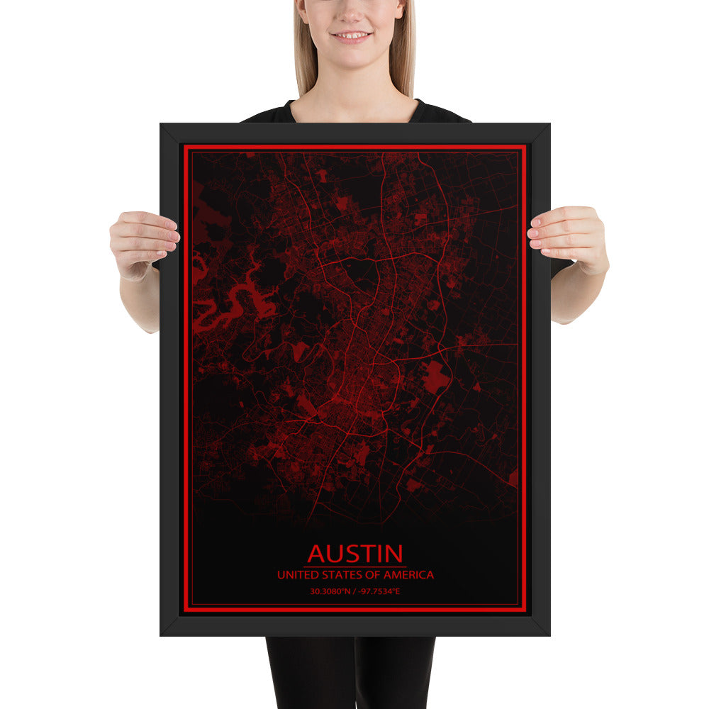 Austin Black and Red Framed Map