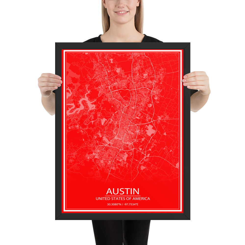 Austin Red and White Framed Map