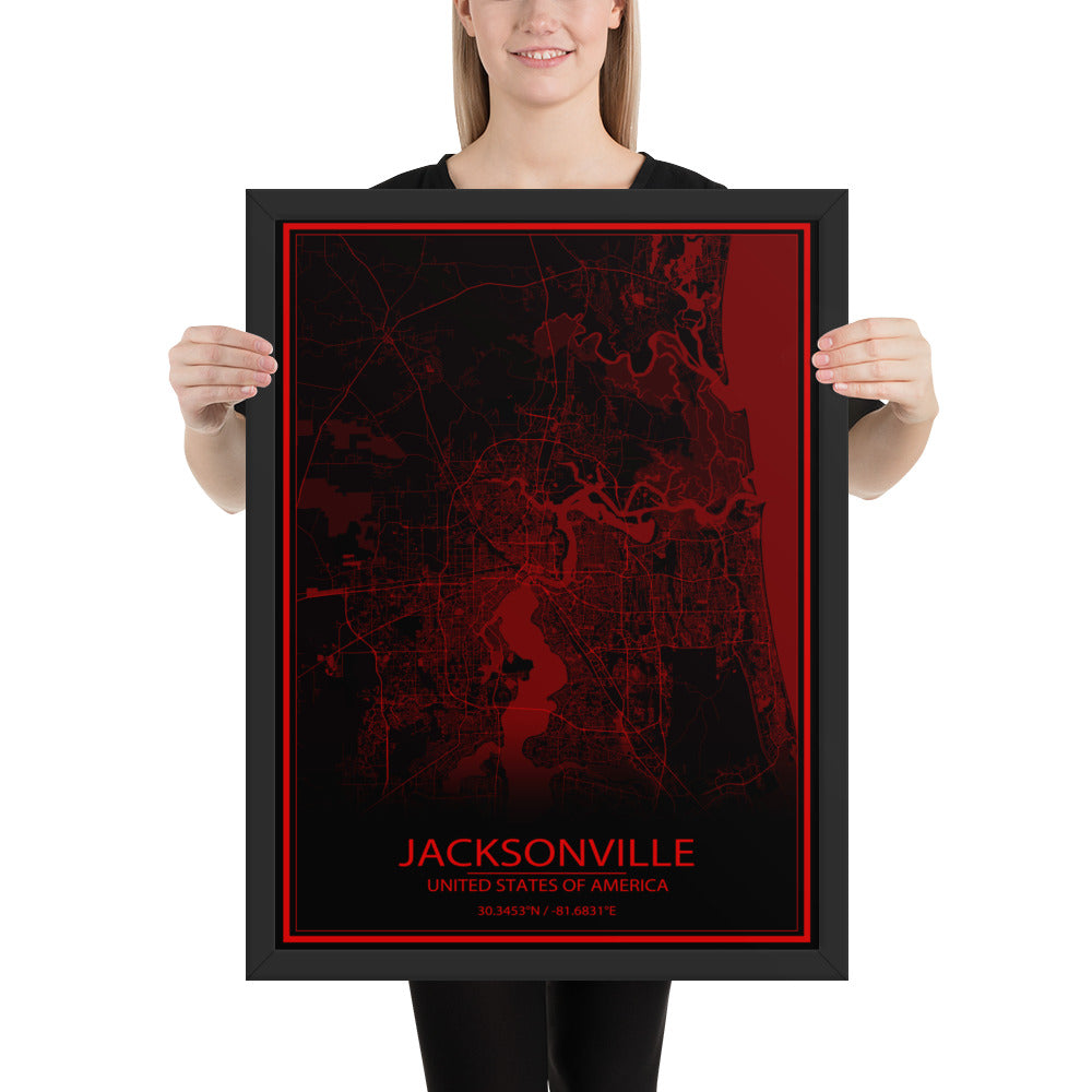 Jacksonville Black and Red Framed Map