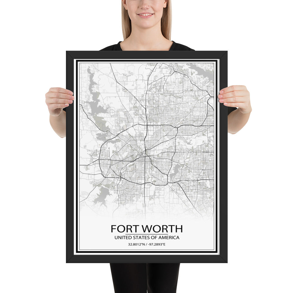 Fort Worth White Framed Map