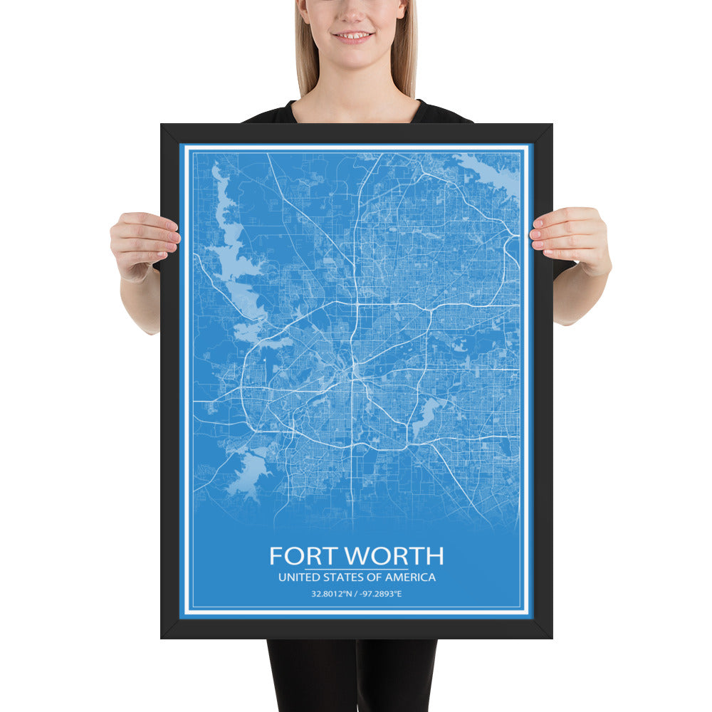 Fort Worth Blue and White Framed Map