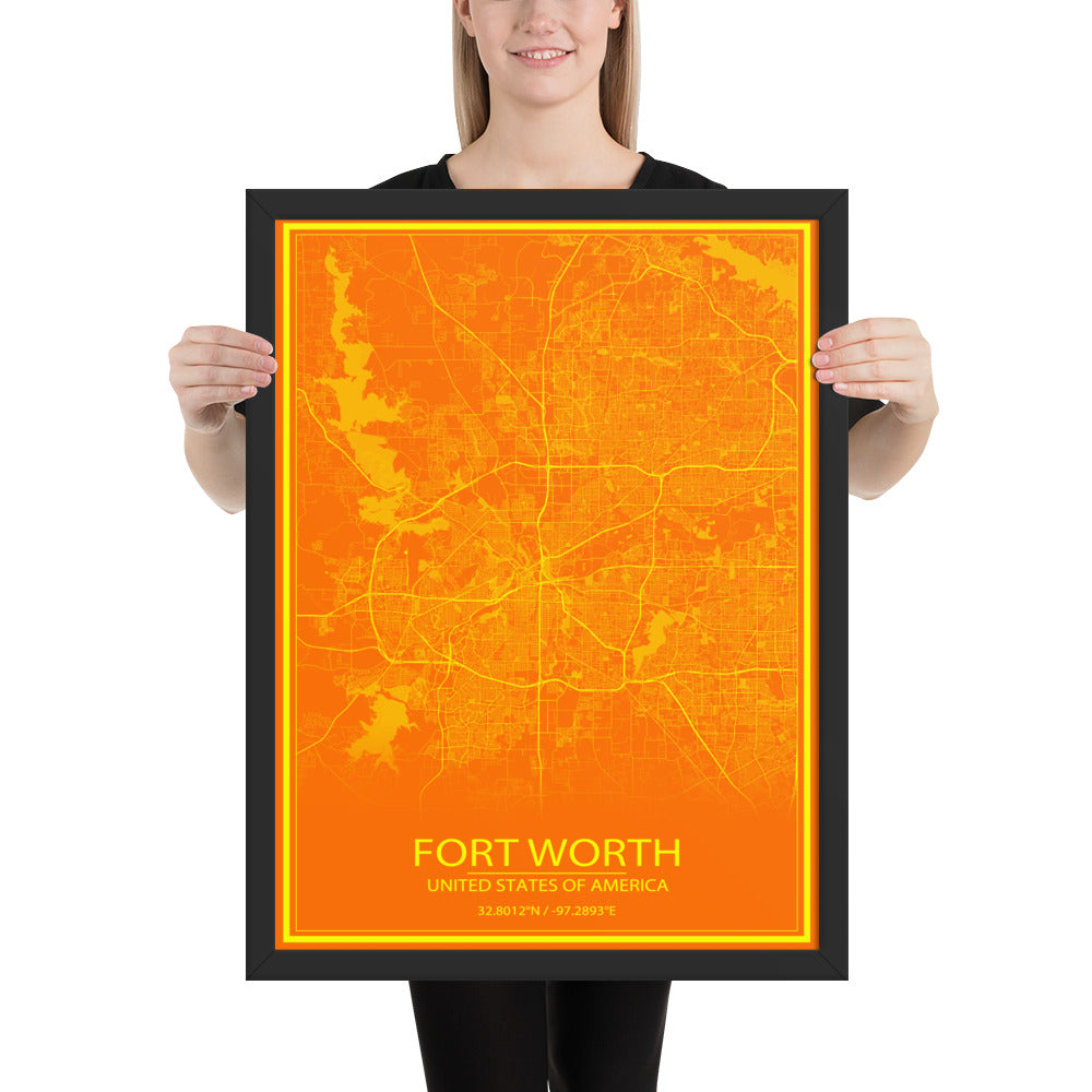 Fort Worth Orange and Yellow Framed Map