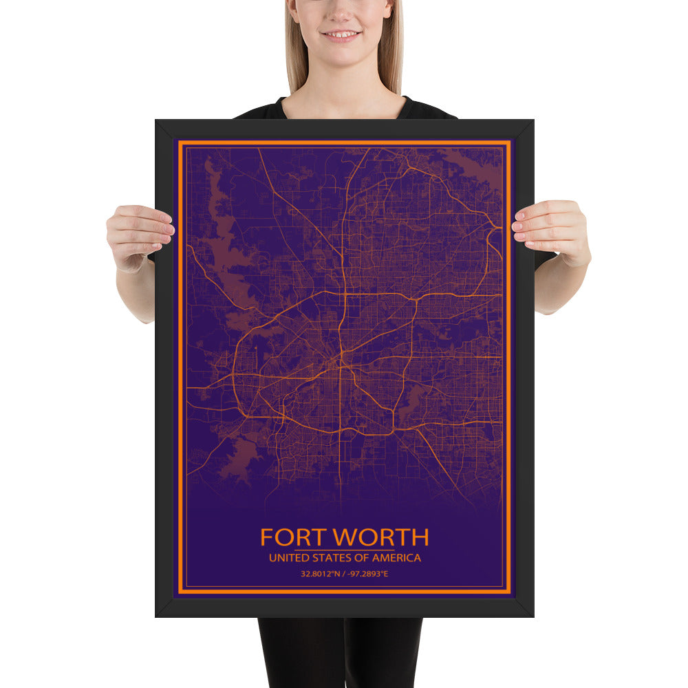 Fort Worth Purple and Orange Framed Map