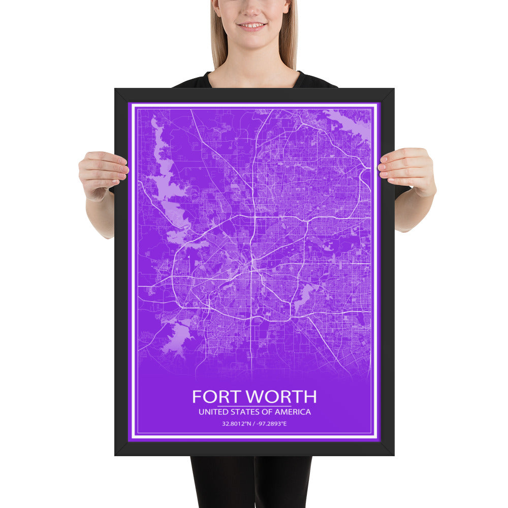 Fort Worth Purple and White Framed Map