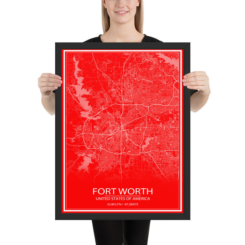 Fort Worth Red and White Framed Map