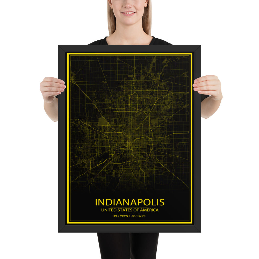 Indianapolis Black and Yellow Framed Map